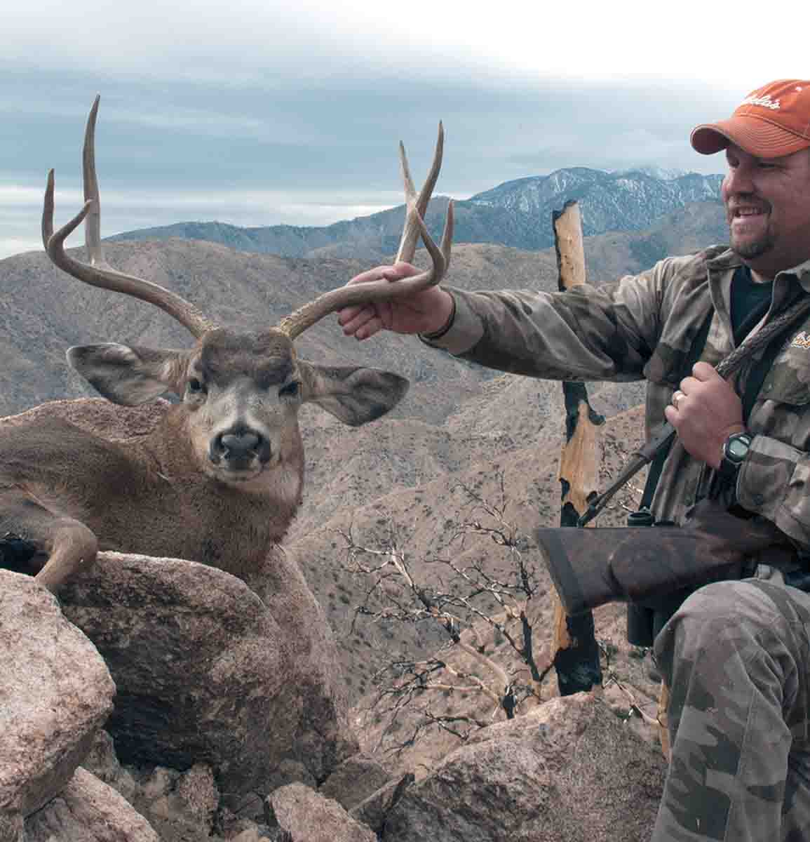 Shot with a 6.5 Remington Magnum and a Nosler 120-grain Ballistic Tip handloaded to nearly 3,300 fps, this old mule deer buck – the “California” subspecies – was hunted in high-elevation, fire-scorched desert mountains.